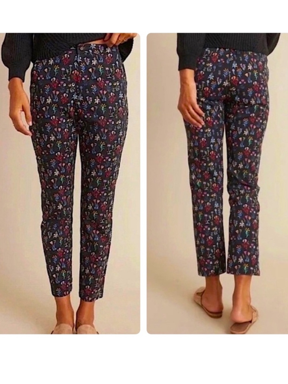 Marine Layer Black Allison Dark Floral Straight Leg Pants Elastic Waist Small